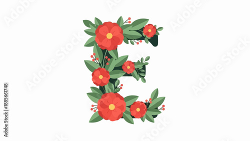 Decorative letter 'E' adorned with red flowers and green leaves