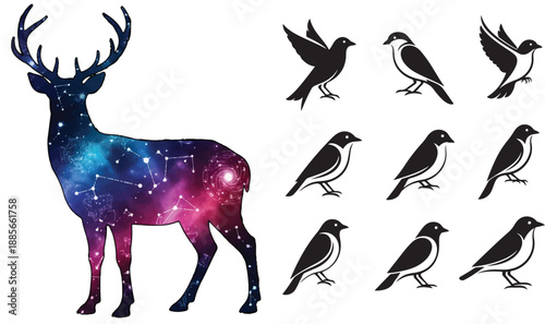 A set of wild deer and reindeer mammals are depicted as black silhouette vector icons in a nature wildlife illustration featuring an art design of animals in the snow
