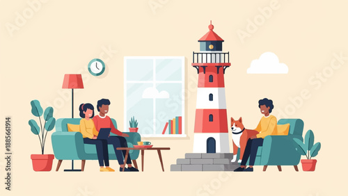 Cozy scene with a couple and dog near a lighthouse indoors