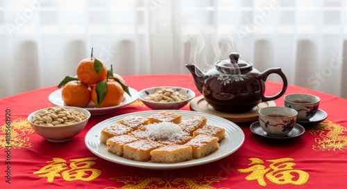 Traditional Chinese New Year Celebration Table Setting with Pastry, Tea, and Oranges on a Vibrant Red Tablecloth from a Direct Viewpoint