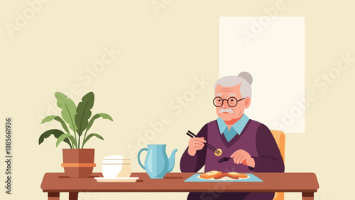 Elderly person eating at a table with a plant and teapot