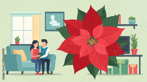 Cozy living room with couple on sofa, large poinsettia, gifts, and plants