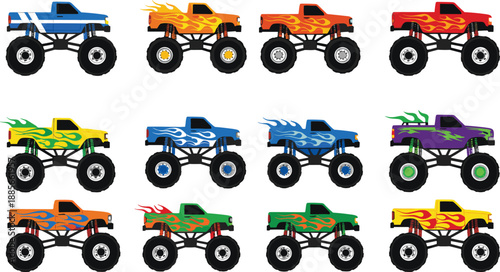 Colorful monster truck vector set with flame designs, off-road vehicles, big wheels and extreme racing cars isolated on white background