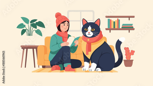 Cozy scene person in hat and scarf reads on sofa with cat