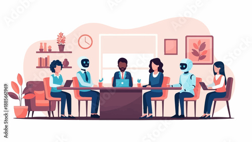 Diverse team, human and robot, collaborate in modern office meeting