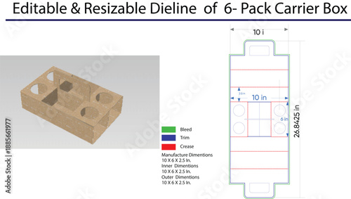 Editable and Resizable Dieline of 6 Pack Carrier Box with Dimensions