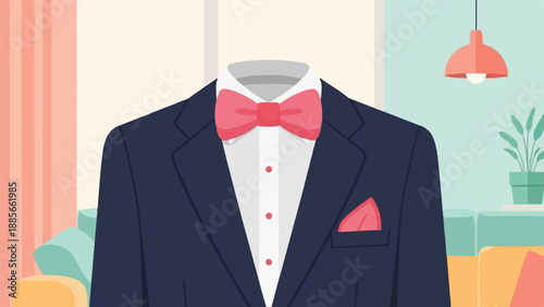 Dark navy suit with a pink bow tie and pocket square in a living room