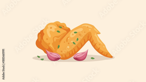Crispy chicken wing with garlic and herbs on a light background