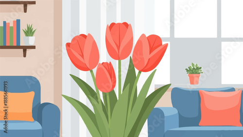 Cozy living room with blue chairs, orange pillows, and bright coral tulips