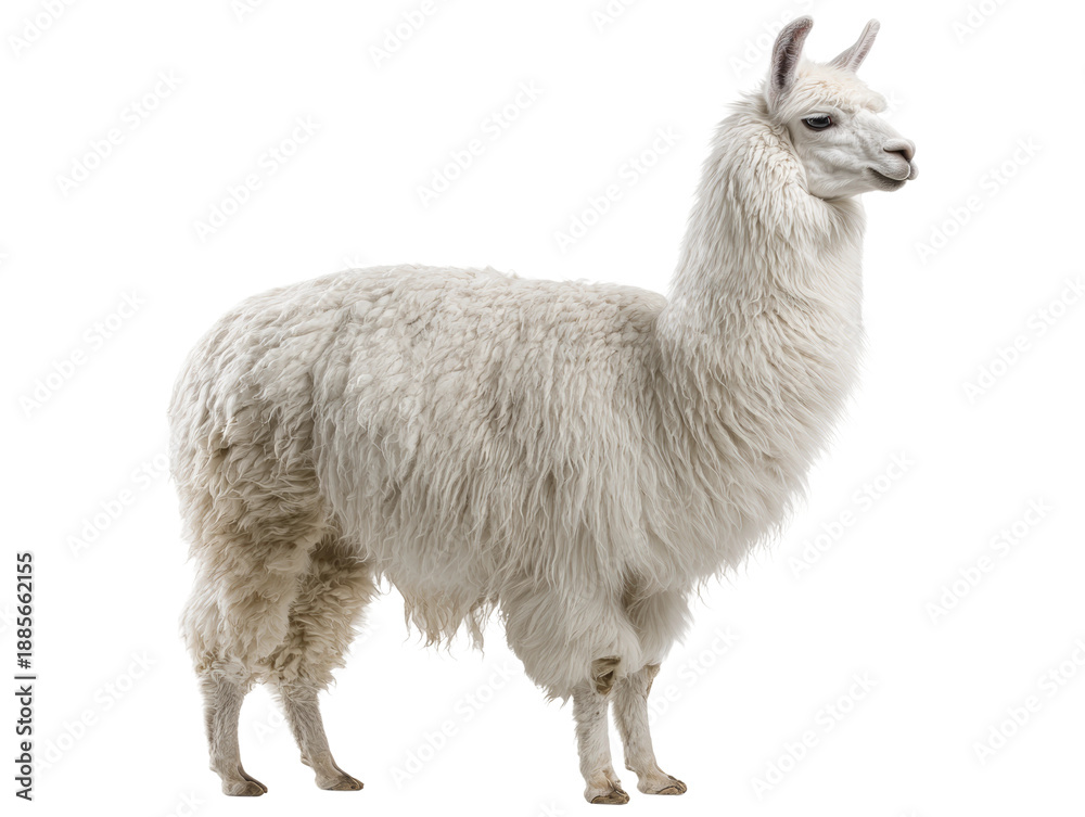 Fototapeta premium A majestic llama standing tall with its head held high, showcasing its soft, white fleece Isolated Transparent Background, PNG