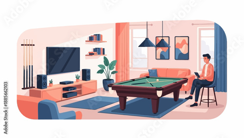 Cozy room with pool table, TV, and man on tablet