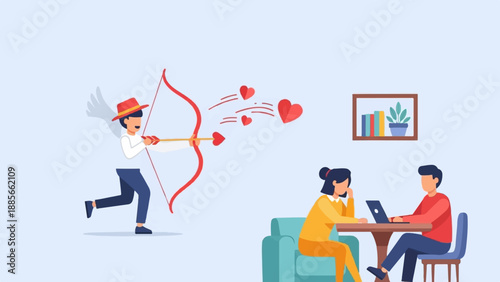 Cupid shoots hearts at a couple on a date, a shelf with books and a plant hangs above