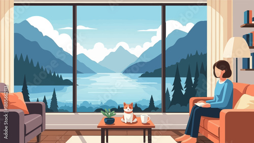 Cozy room with person and dog overlooks serene lake and mountains