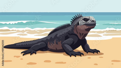 Dark iguana sunbathing on sandy beach with turquoise ocean waves