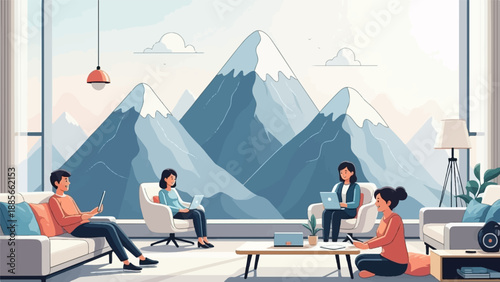 Cozy room with people working, vast mountains visible through window