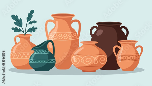 Diverse ancient pottery collection with organic plant and patterned designs