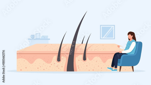 Cutaway of skin layer with hair follicles and a woman sitting in a chair