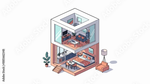 Cutaway view of a cozy, modern two-story apartment with living area and bedroom