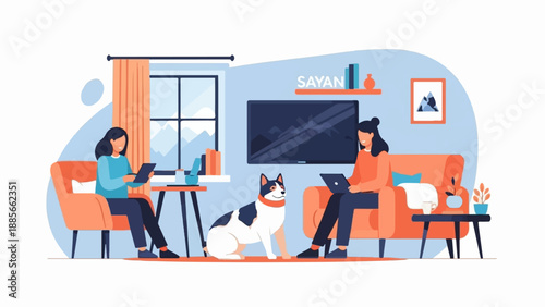 Cozy living room scene with two people working remotely and a dog