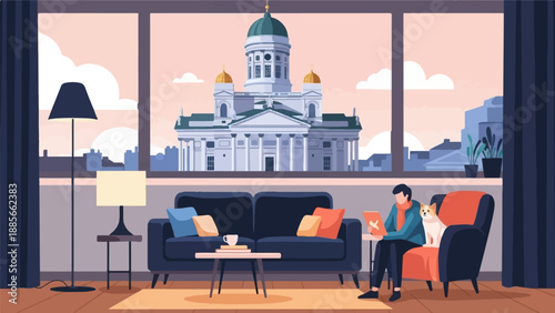 Cozy room with dog, person, and city view of landmark building