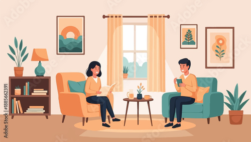 Cozy living room scene with two people relaxing and enjoying their leisure time