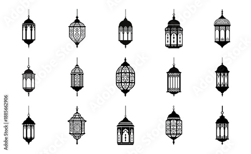 PNG Vintage lantern silhouettes element set on transparent background