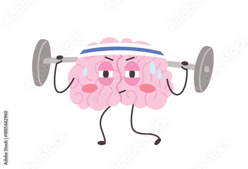 Cute brain character trains lifting weights. Hardworking concept. Funny mascot. Vector illustration isolated