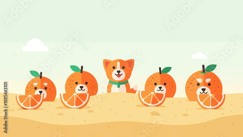 Cute cartoon dog and oranges with leaves on a sandy beach under a pale green sky
