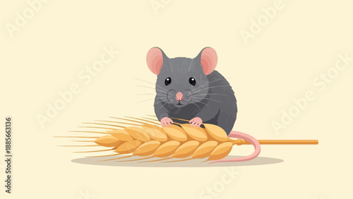 Cute gray mouse sits on a stalk of golden wheat