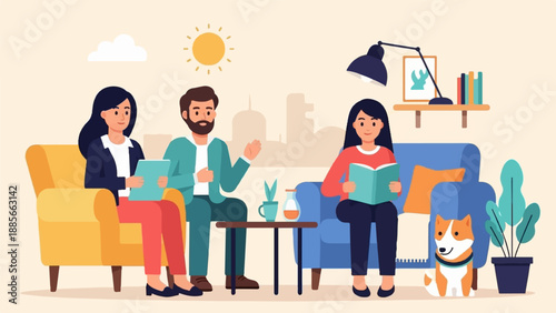 Cozy living room scene with people, dog, and plants enjoying a relaxed day