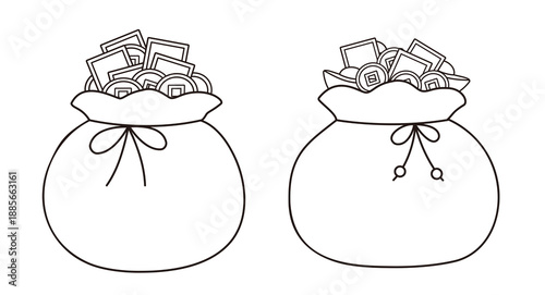 Chinese lucky money bag outline illustration set.
Wealth money pouch with gold coins line art.
Chinese fortune money bag coloring page design.