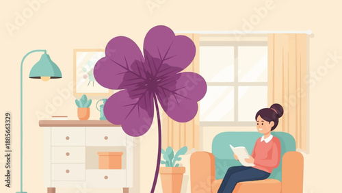 Cozy room scene with a woman reading and a large purple clover