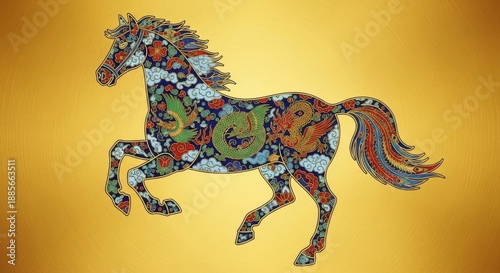 Vibrant horse illustration with colorful mosaic pattern running freely in a golden environment from a side view