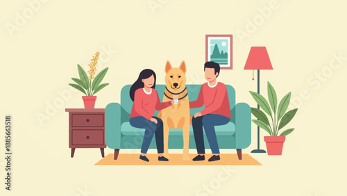 Cozy living room scene with a couple and their dog relaxing on a sofa