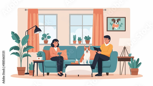 Cozy living room scene with a couple and their dog reading