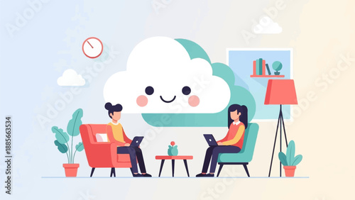 Cozy office space with happy cloud and people working on laptops