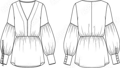 Elegant long-sleeve women’s blouse technical flat sketch with gathered sleeves, deep V-neck design, back view details, fashion CAD drawing vector illustration