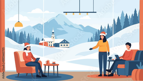 Cozy winter scene with people enjoying a warm indoor setting overlooking snow