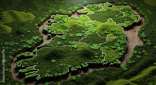Aerial view of a lush, vibrant island surrounded by a winding river and dense foliage in a tropical landscape