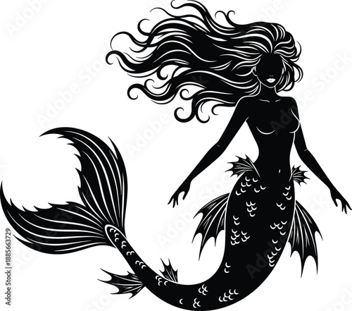 Elegant mermaid silhouette illustration isolated on white background, fantasy sea siren with flowing hair and tail for mythical ocean art, fairytale design, and branding use