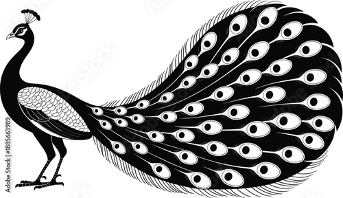 Elegant peacock vector illustration, black and white stylized bird art, decorative plumage design, ornamental wildlife drawing, symmetry and detail for creative use