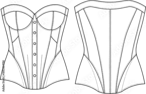 Elegant structured corset fashion technical flat sketch showing detailed front and back garment construction for apparel design, pattern template vector illustration CAD