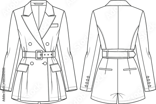 Elegant tailored belted women's blazer jacket technical fashion sketch with detailed front and back design, cad drawing flat vector illustration
