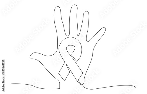 Single one line drawing ribbons form the cancer campaign symbol on both palms. Sign. Symbol requires more attention. Avoid cancer. National Cancer Survivors Day. Single line draw design vector. 