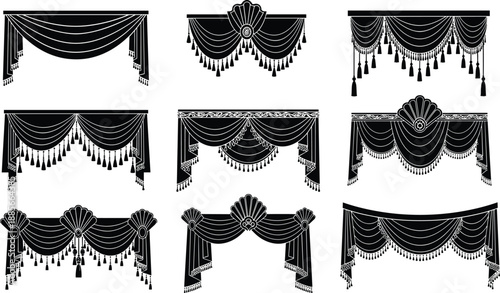Elegant theatrical curtain silhouettes collection isolated on white background, vintage drapery valance decorations with tassels, classic stage black vector illustration set
