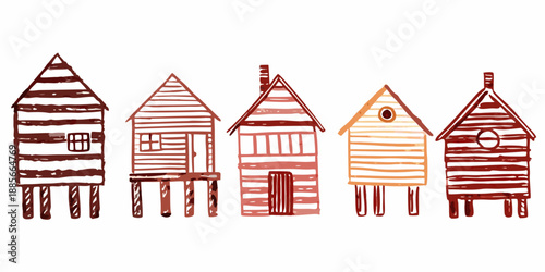 A row of charming hand drawn houses in warm earthy watercolor tones