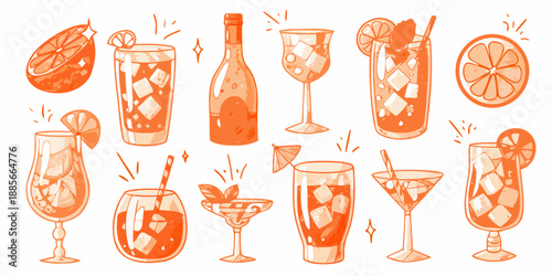 Collection of refreshing orange themed cocktails and beverages in a playful illustration