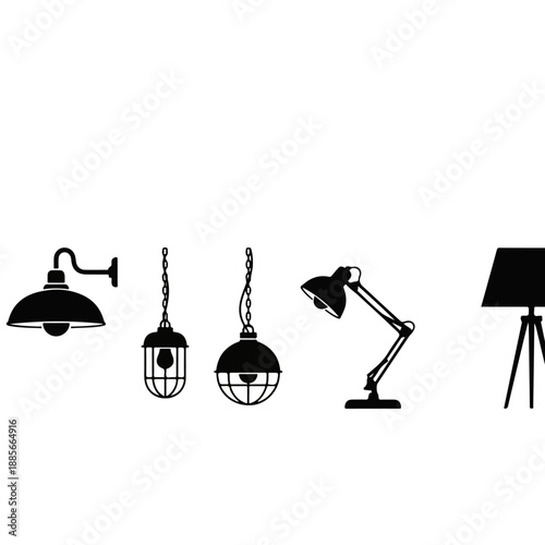 Collection of various lighting fixtures and lamps in silhouette.