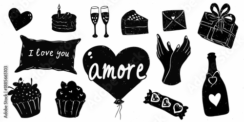 Romantic doodles featuring hearts gifts champagne and loving messages