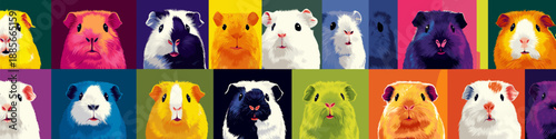 Nine cute guinea pigs in a colorful pop art distinct grid pattern. Pop art guinea pig distinct pet portraits grid